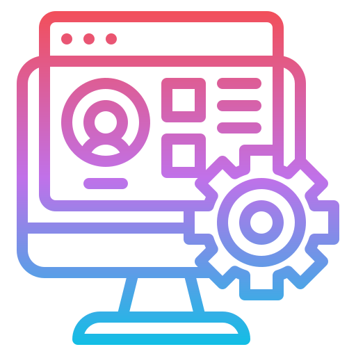 Services Computer monitor with a settings gear and user interface icons, gradient line illustration in blue and pink.