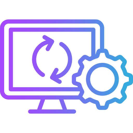 Services a desktop with a looping symbol and a gear to the side, gradient line illustration in purple and blue.