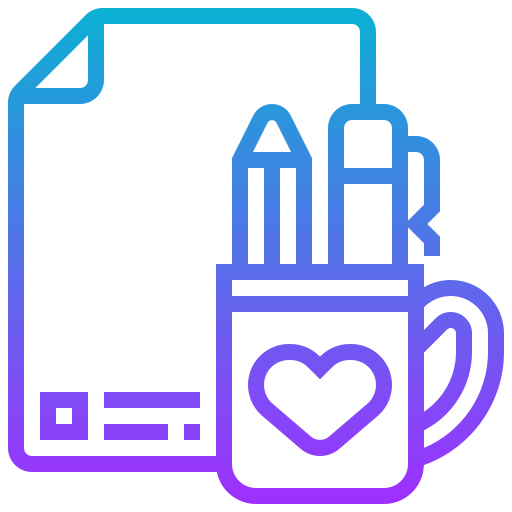 Services Pen holder with pencils and a coffee mug decorated with a heart, gradient line illustration.