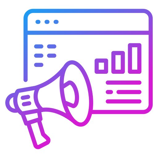 Services Computer monitor with marketing icons including a megaphone and chart, gradient line illustration
