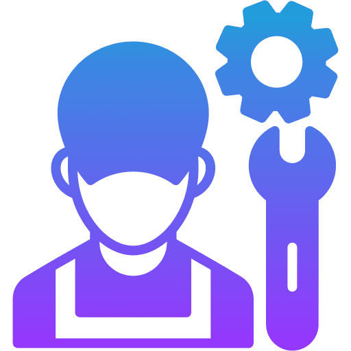 Services mechanic icon with a gear and spanner, gradient line illustration in purple and blue.