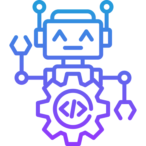 Services Image of a robot and gear with a code bracket, gradient line illustration in purple and blue.