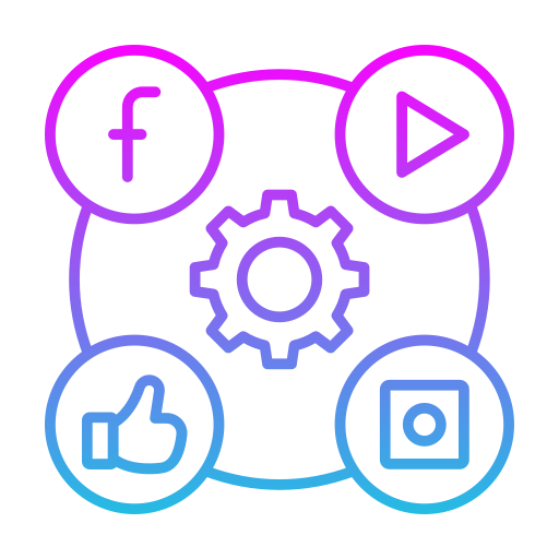Services Social media icons (Facebook, Instagram, play button) connected with settings gears, gradient line illustration.